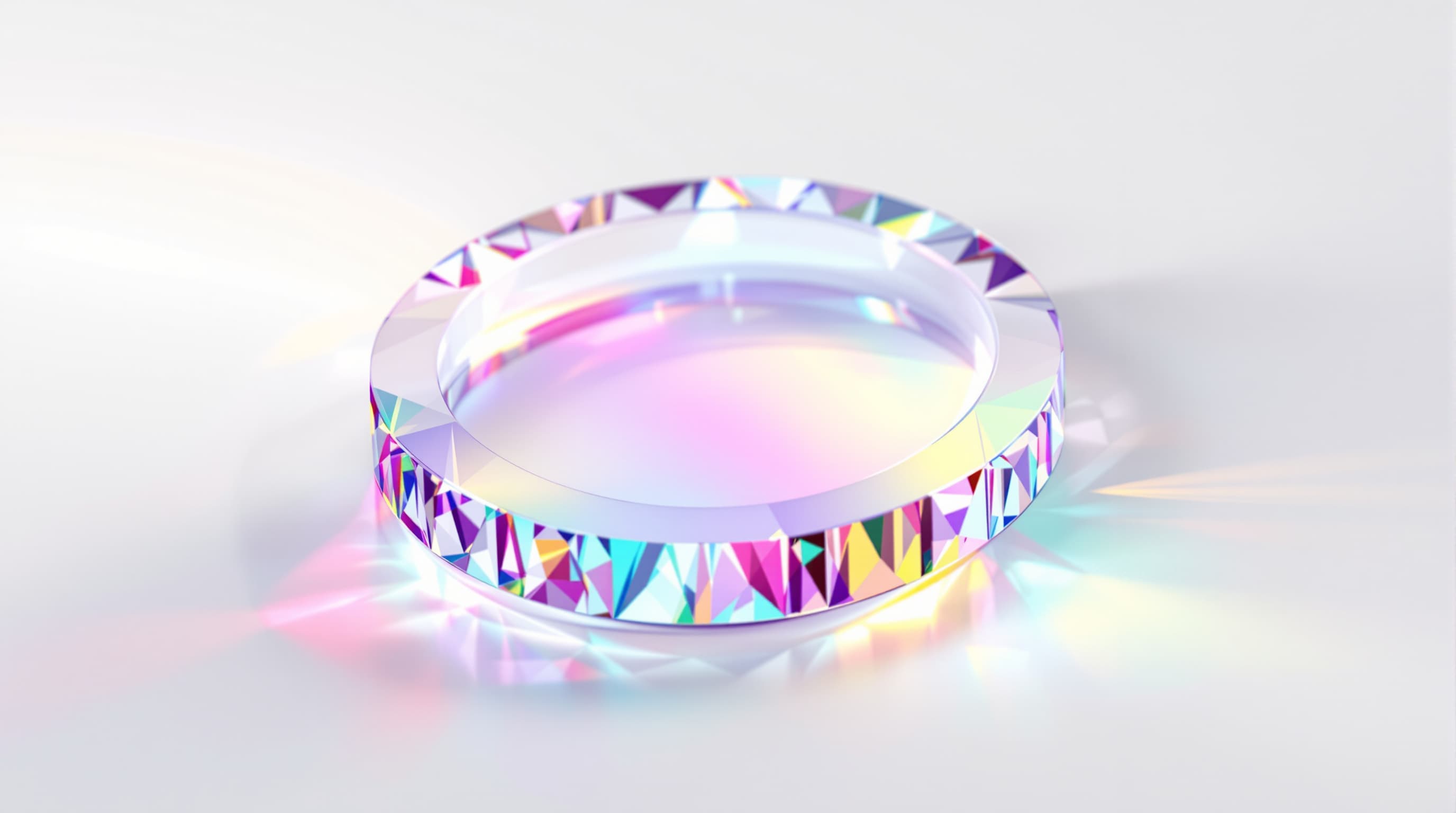 Disco de cristal facetado con reflejos de colores sobre fondo claro